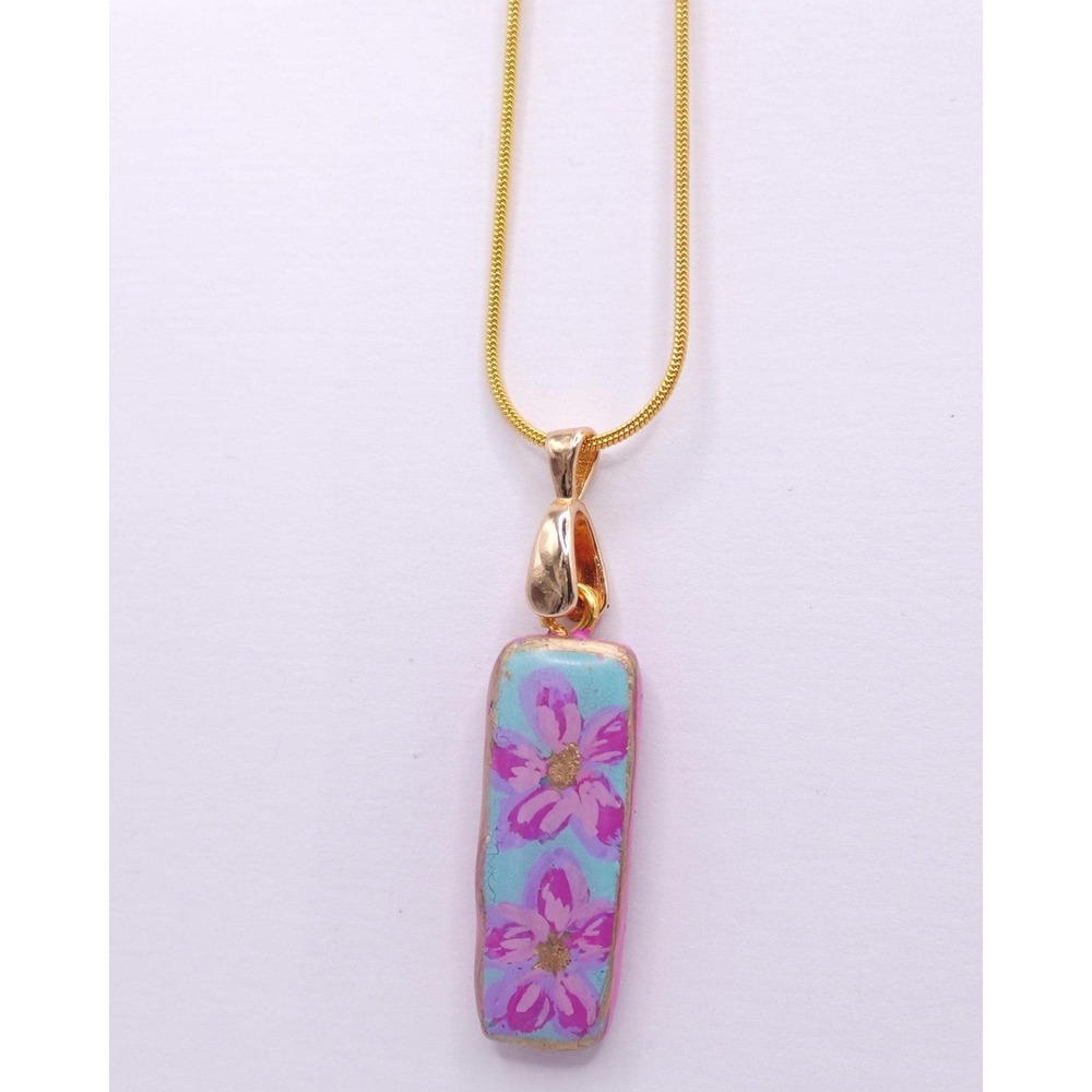 Polymer Clay Teal Pendant Necklace Gold Chain Cottagecore Boho Charm Floral - Picture 5 of 6